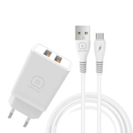 Зарядное USB T55 5V, 3.1A, 2xUSB A 15W + кабель Type-C